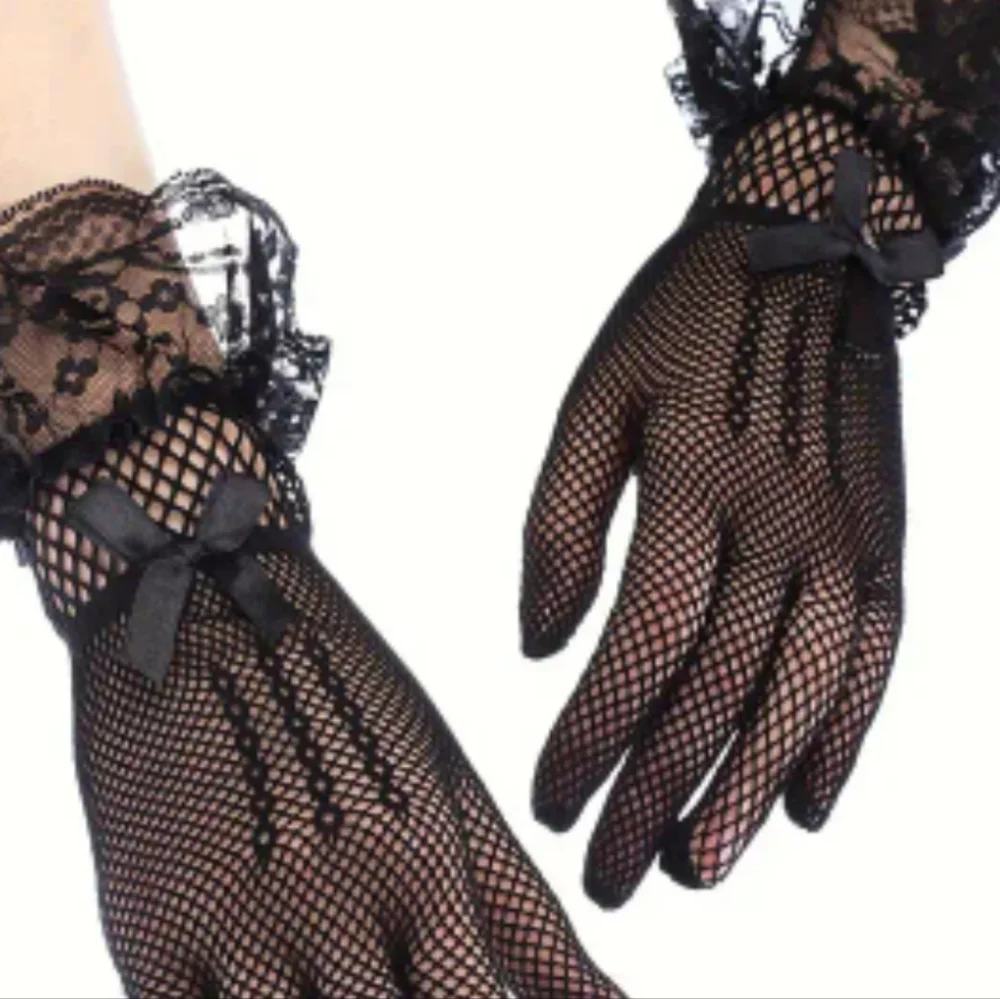 Elegant Black Tight Knit Fishnet & Lace Ruffle Gloves W/A Cute Black Satin Bow